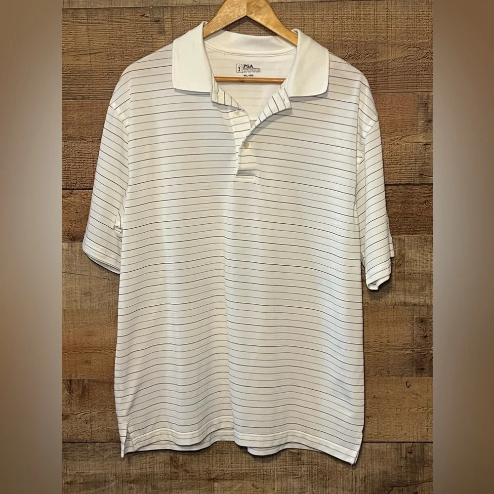 🌻PGA Tour White Striped Polo Men's size XL Golf Outdoor Business Casual